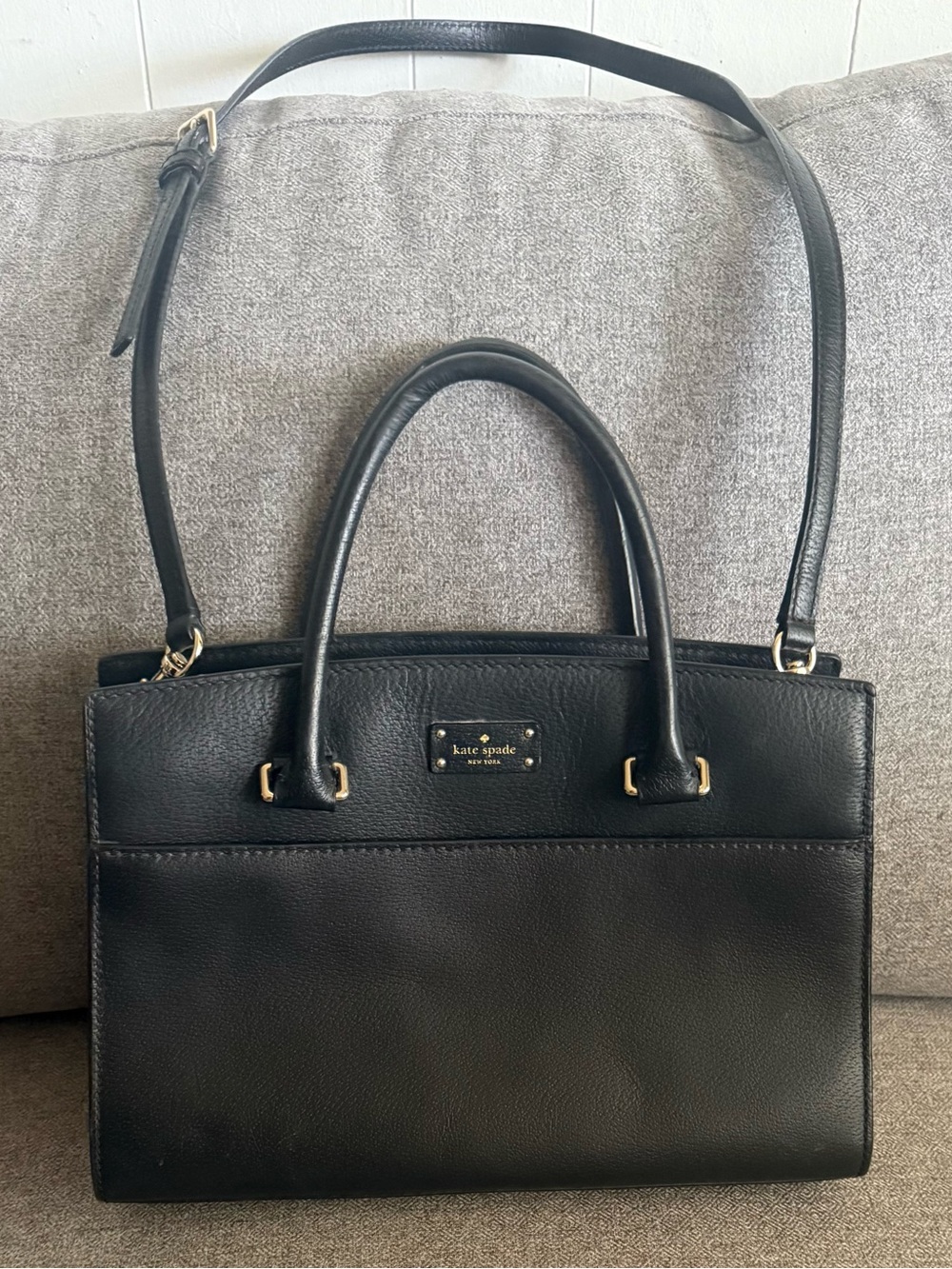 kate spade Black Leather Satchel with Gold Hardware and Detachable Strap